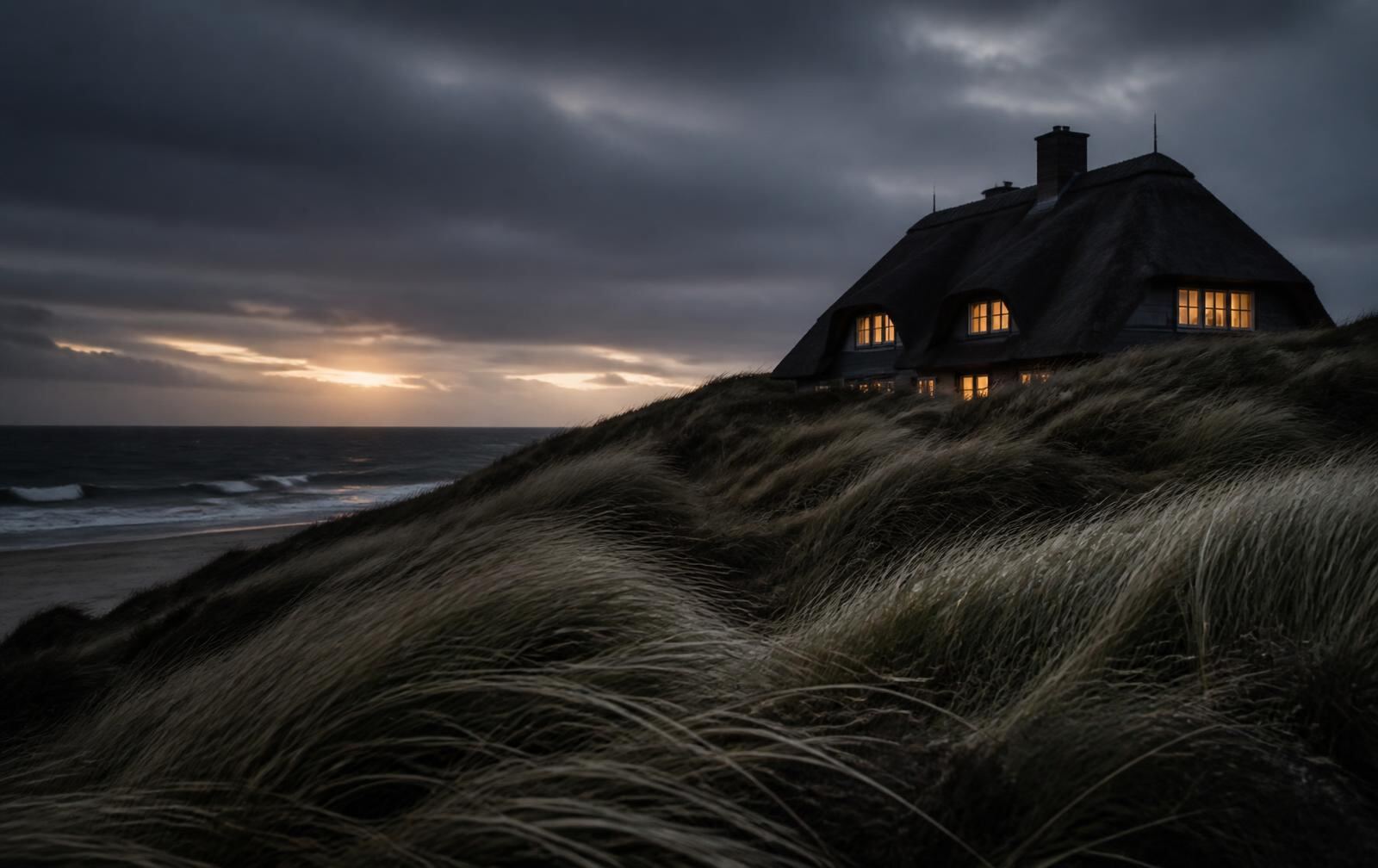 A North Sea dune landscape on Sylt at dusk with marram grass, grey surf and a single warm lit window in a thatched house