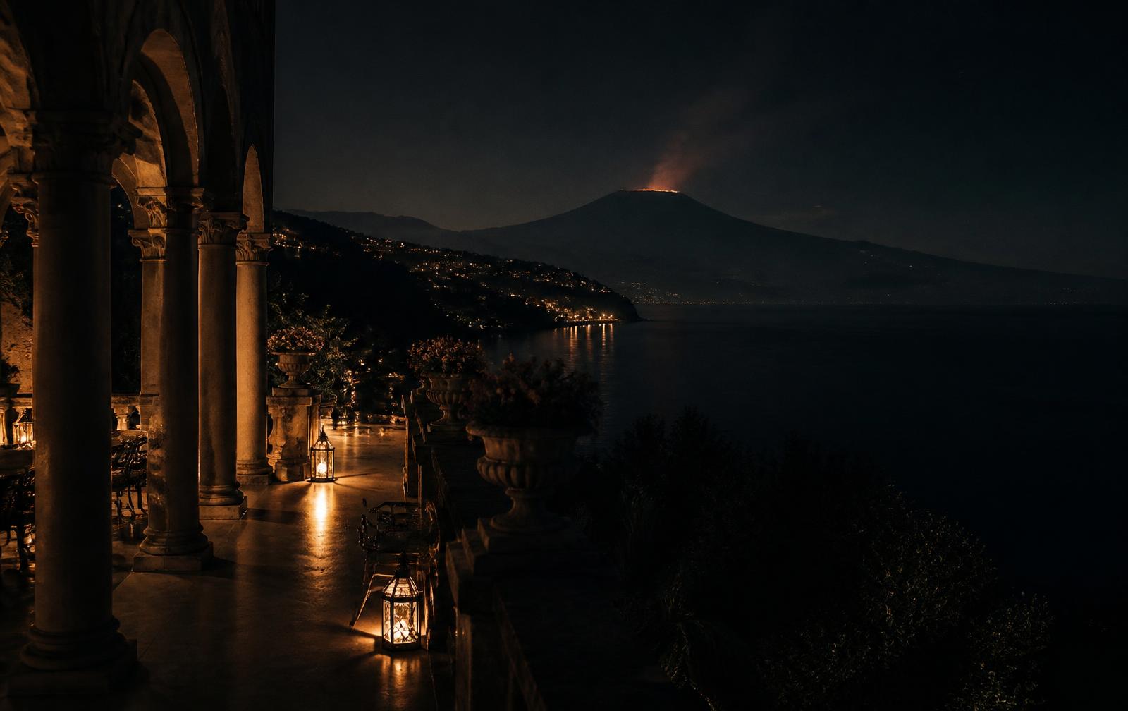 A columned Taormina terrace at night with lanterns, the dark Ionian sea below and Etna's silhouette beyond