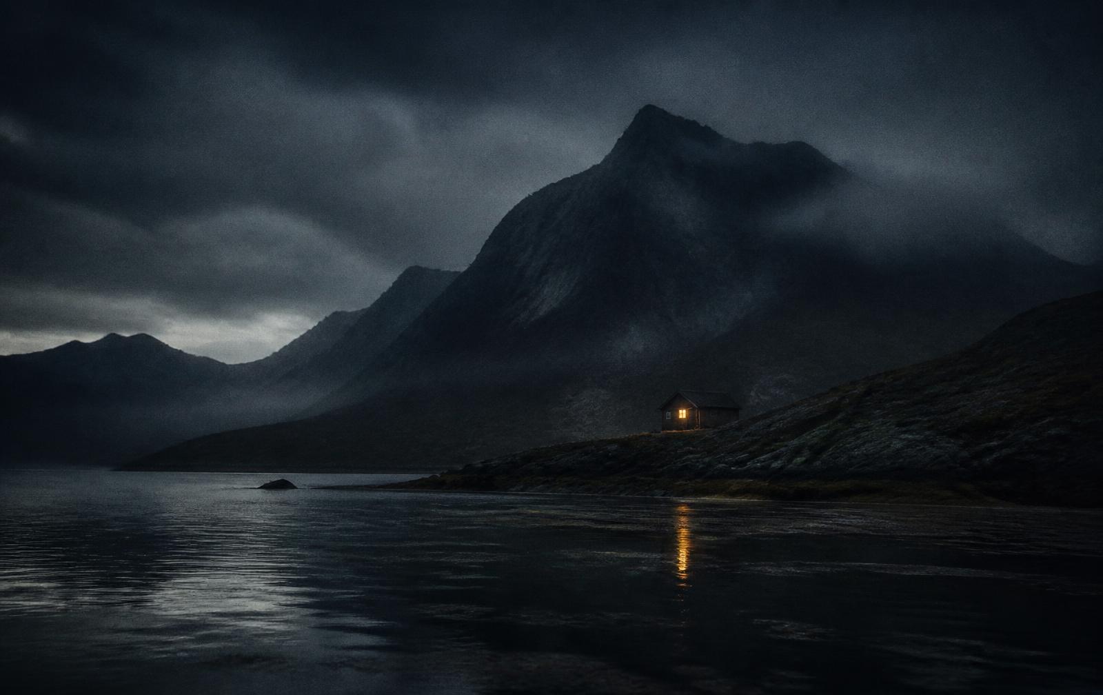Cold island wilderness at dusk with dark mountains, mist over still water and one warm lit cabin window