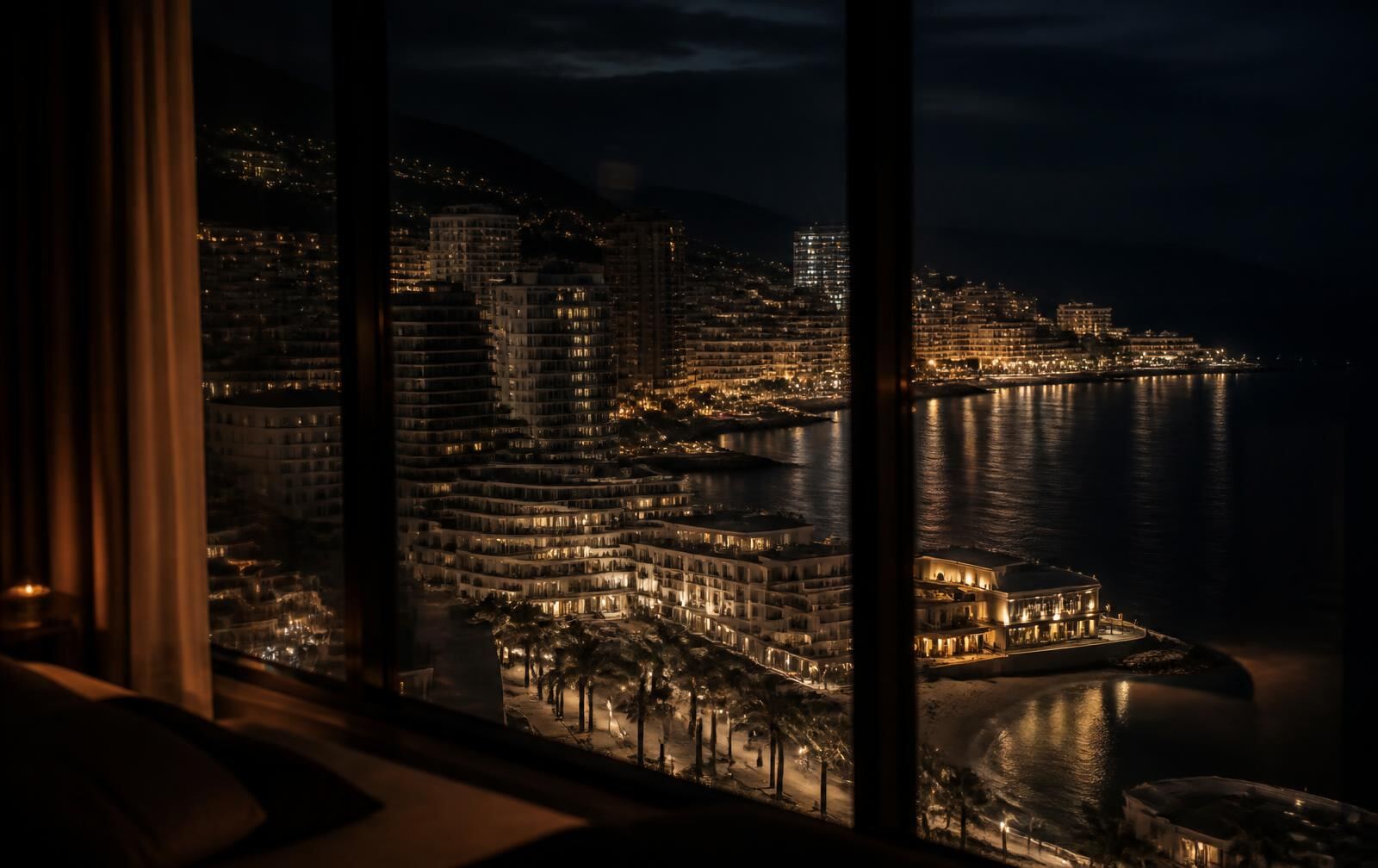Tel Aviv waterfront at night seen from a darkened hotel window, warm city lights along the shoreline above dark Mediterranean water