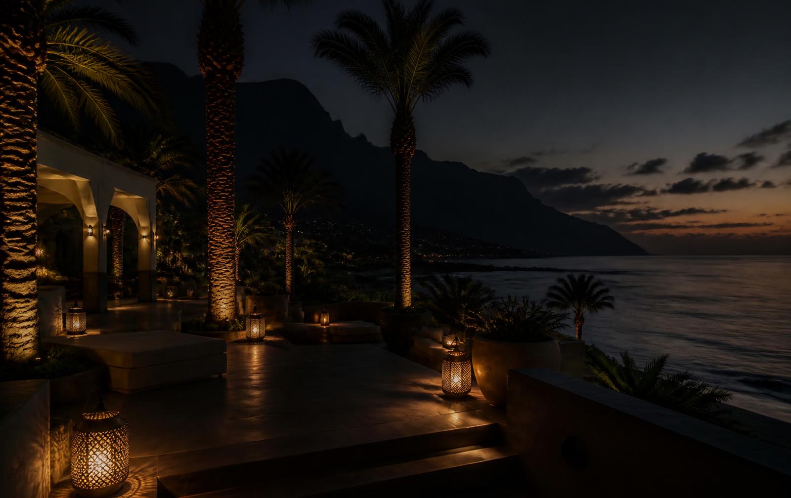 A palm-lined Tenerife resort terrace at dusk with warm lantern light above a dark Atlantic coastline