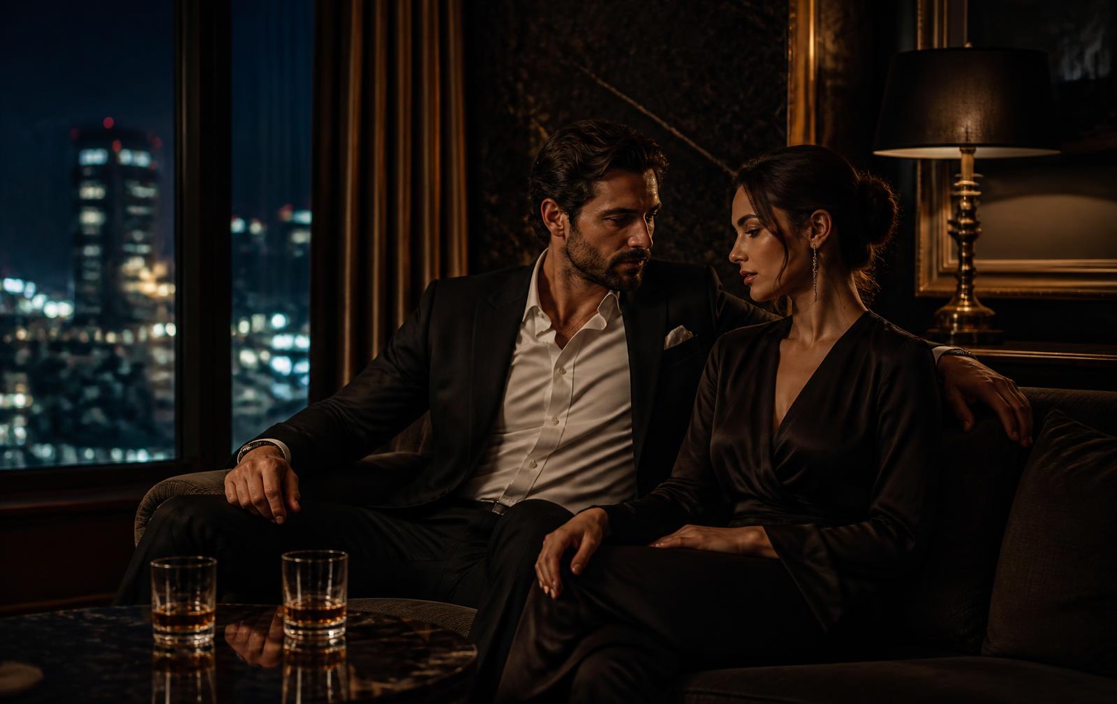 An elegantly dressed couple seated in a dim luxury hotel lounge beside a window of night city lights