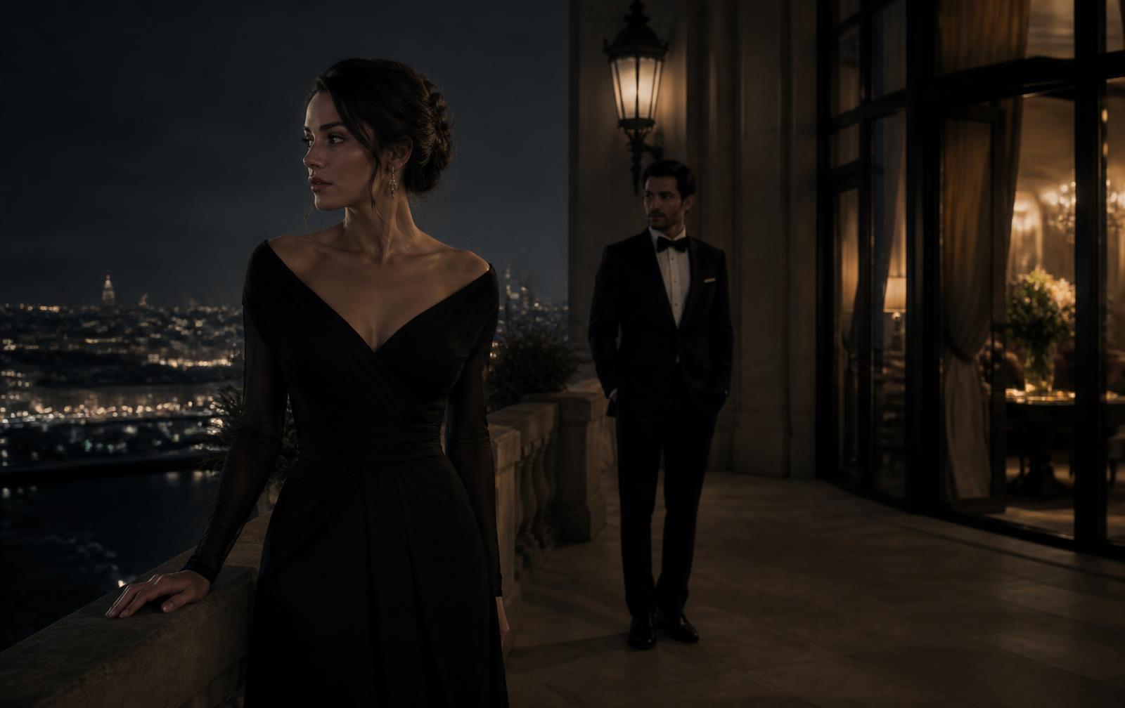 A woman in a black gown on a hotel terrace at night with city lights below and a man in a dark tuxedo a step away