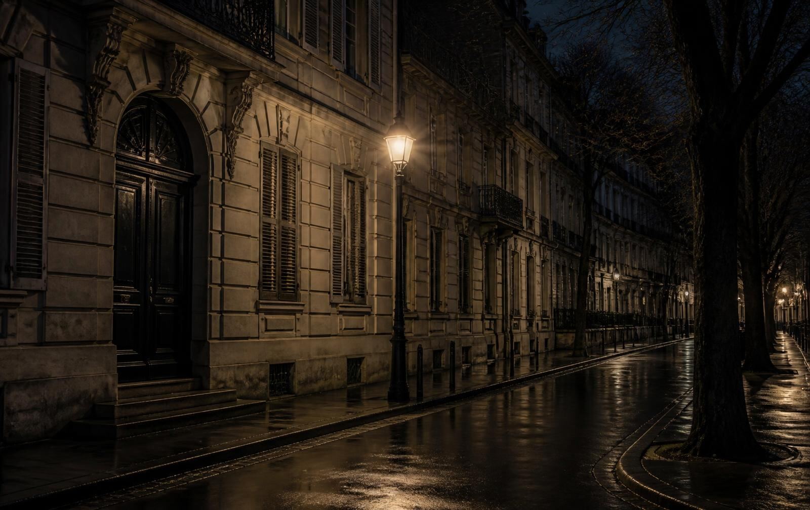 Stately nineteenth-century townhouse street in The Hague at night, wet pavement and a single warm street lamp