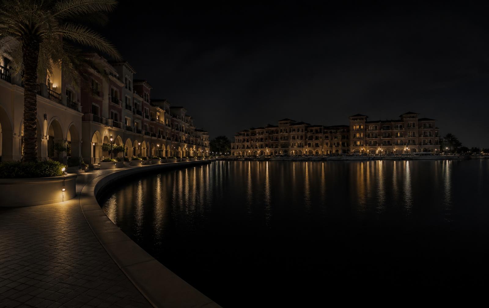 A quiet marina promenade at night, low pastel waterfront buildings darkened, warm lamplight reflected in black water