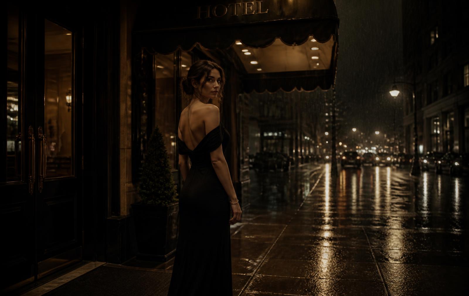 An elegant woman in a black evening dress beneath a hotel awning on a rainy city night