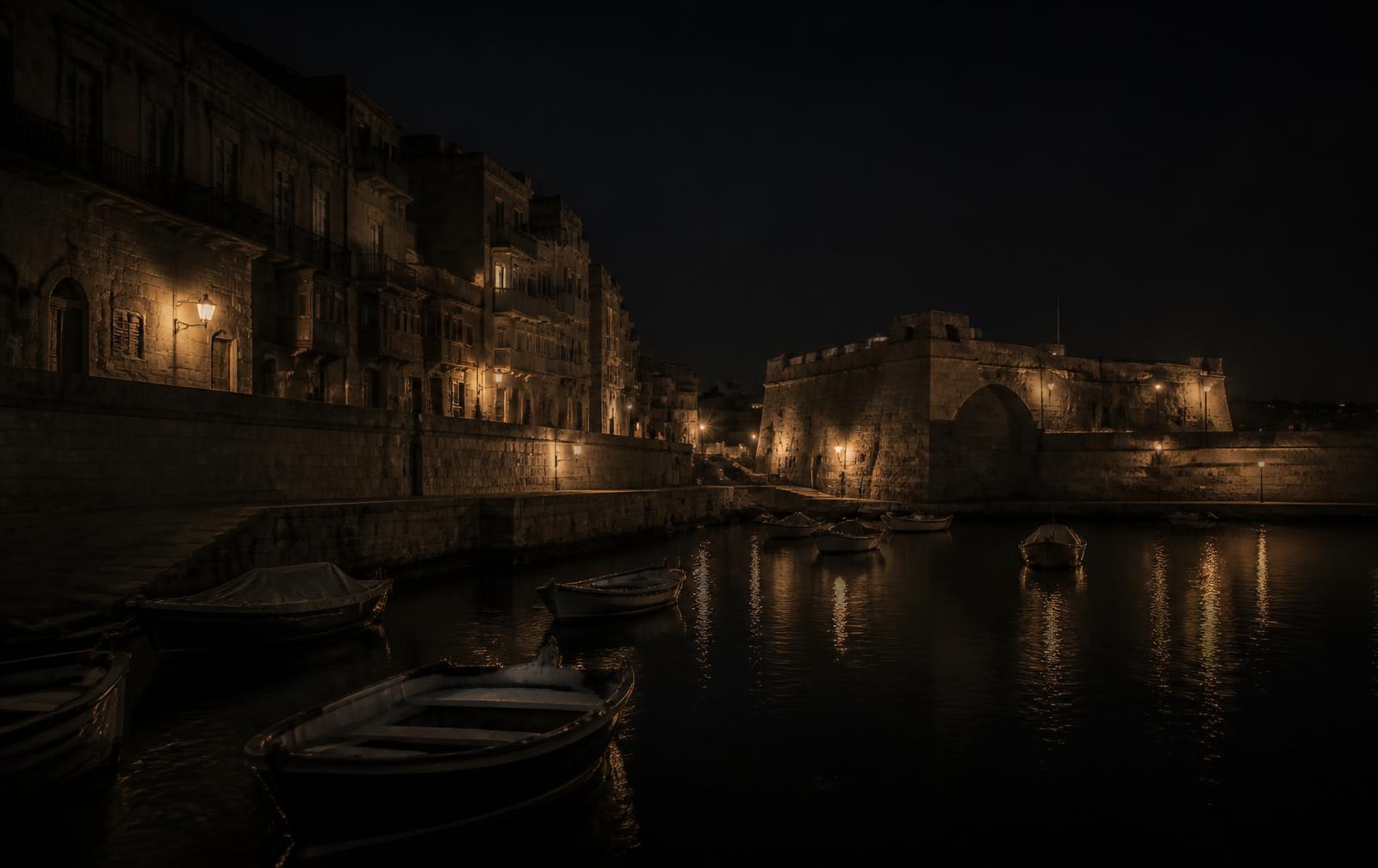 An old fortified harbour quarter at night with limestone quays, shuttered townhouses and small boats on black water