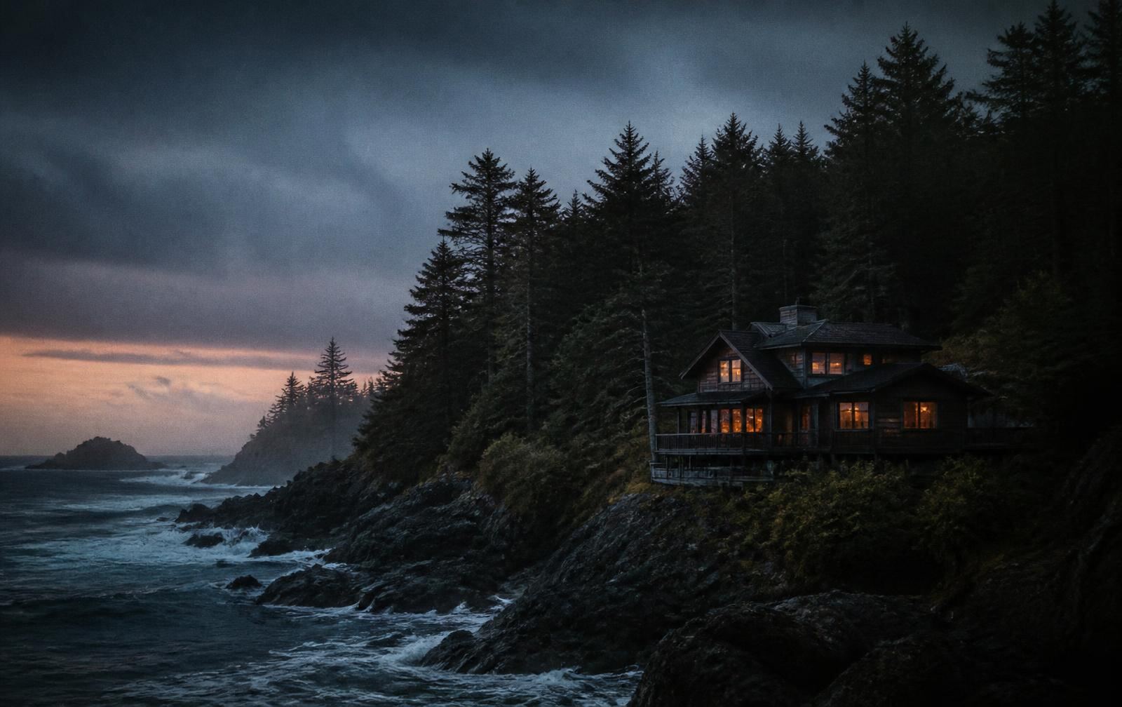 Stormy Pacific coastline at dusk near Tofino with dark forest and a secluded lodge with warm lit windows