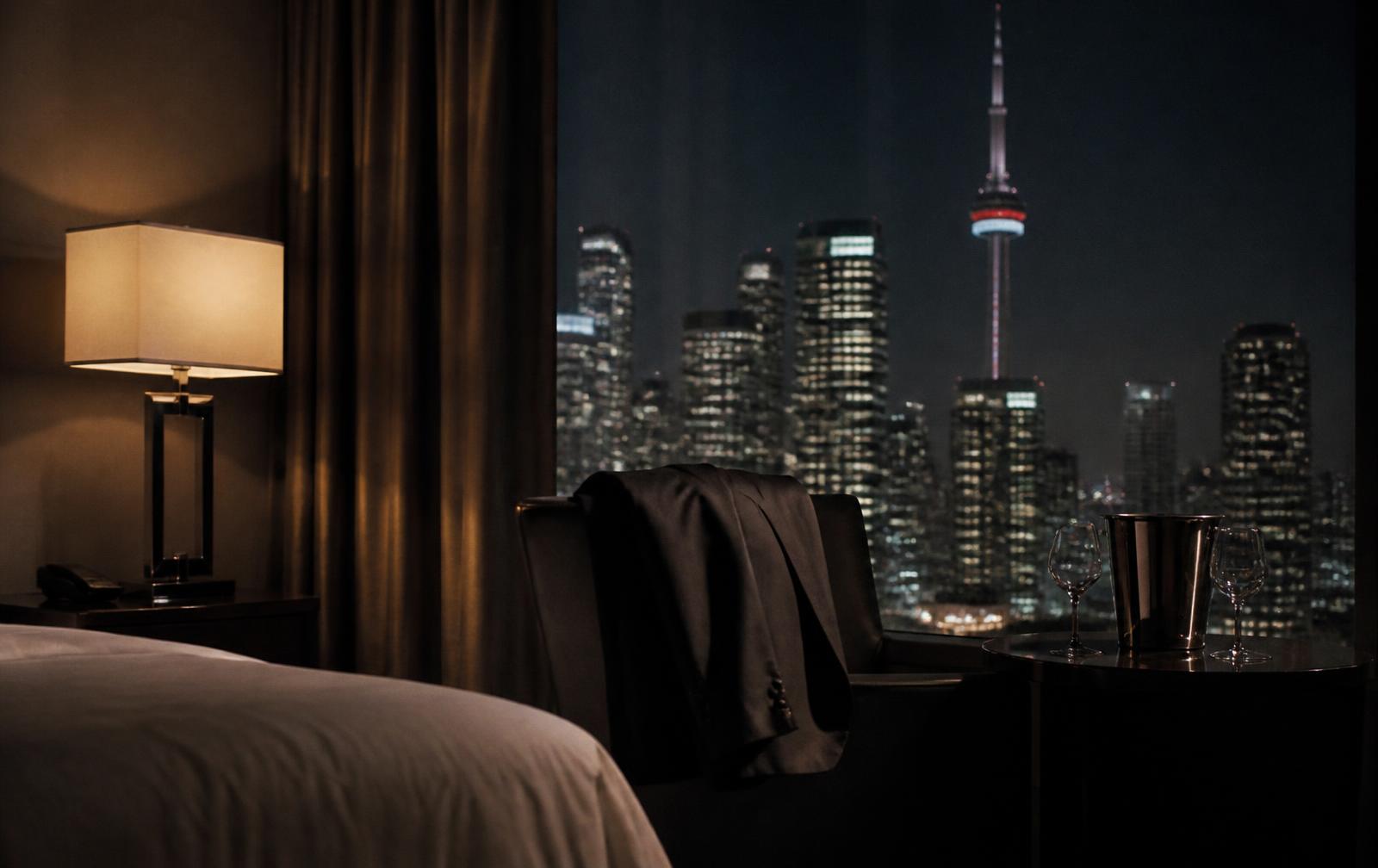 Dark Toronto hotel room at night with a low lamp and the lit downtown skyline beyond the glass