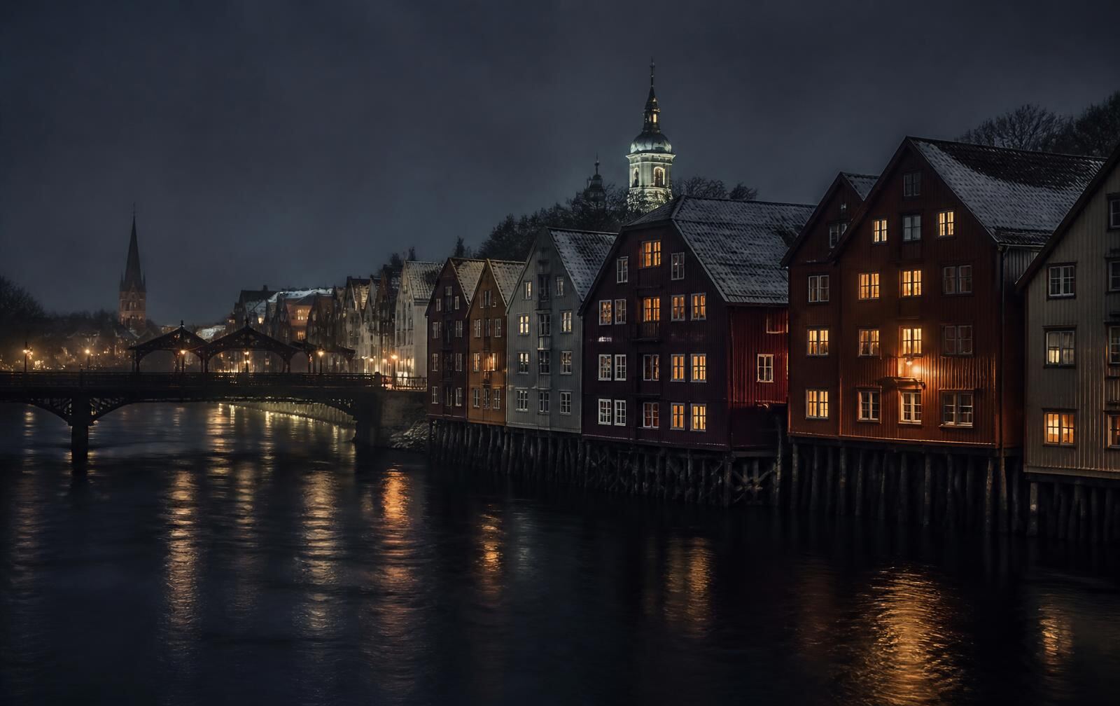 Colourful old wooden wharf buildings on stilts above a dark Norwegian river at night, warm window light reflected, an old bridge in silhouette