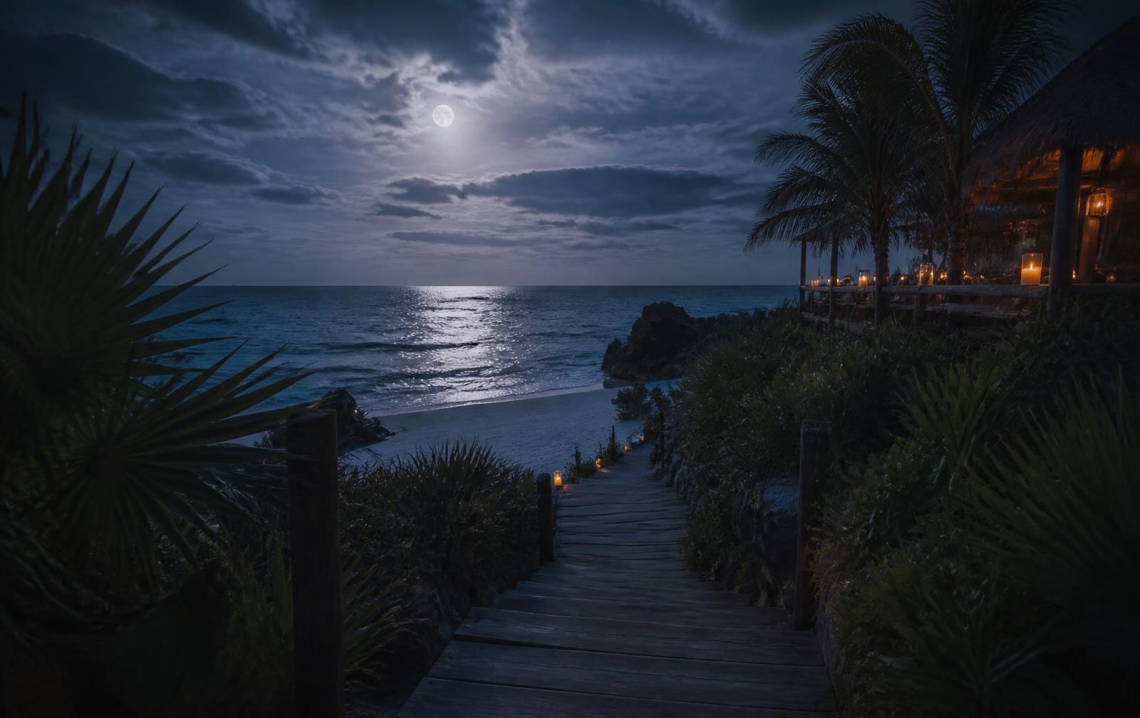 Wooden path through dune vegetation to a moonlit Tulum beach, candlelight glowing from a distant cabana
