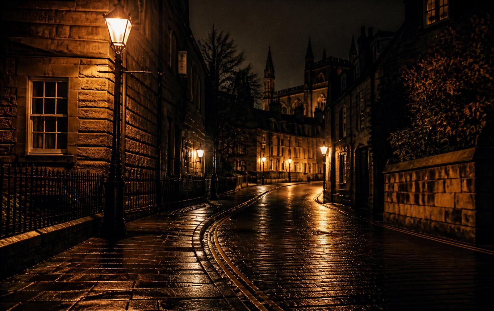 Rain-slick historic British stone street at night lit by warm lamplight with deep shadows