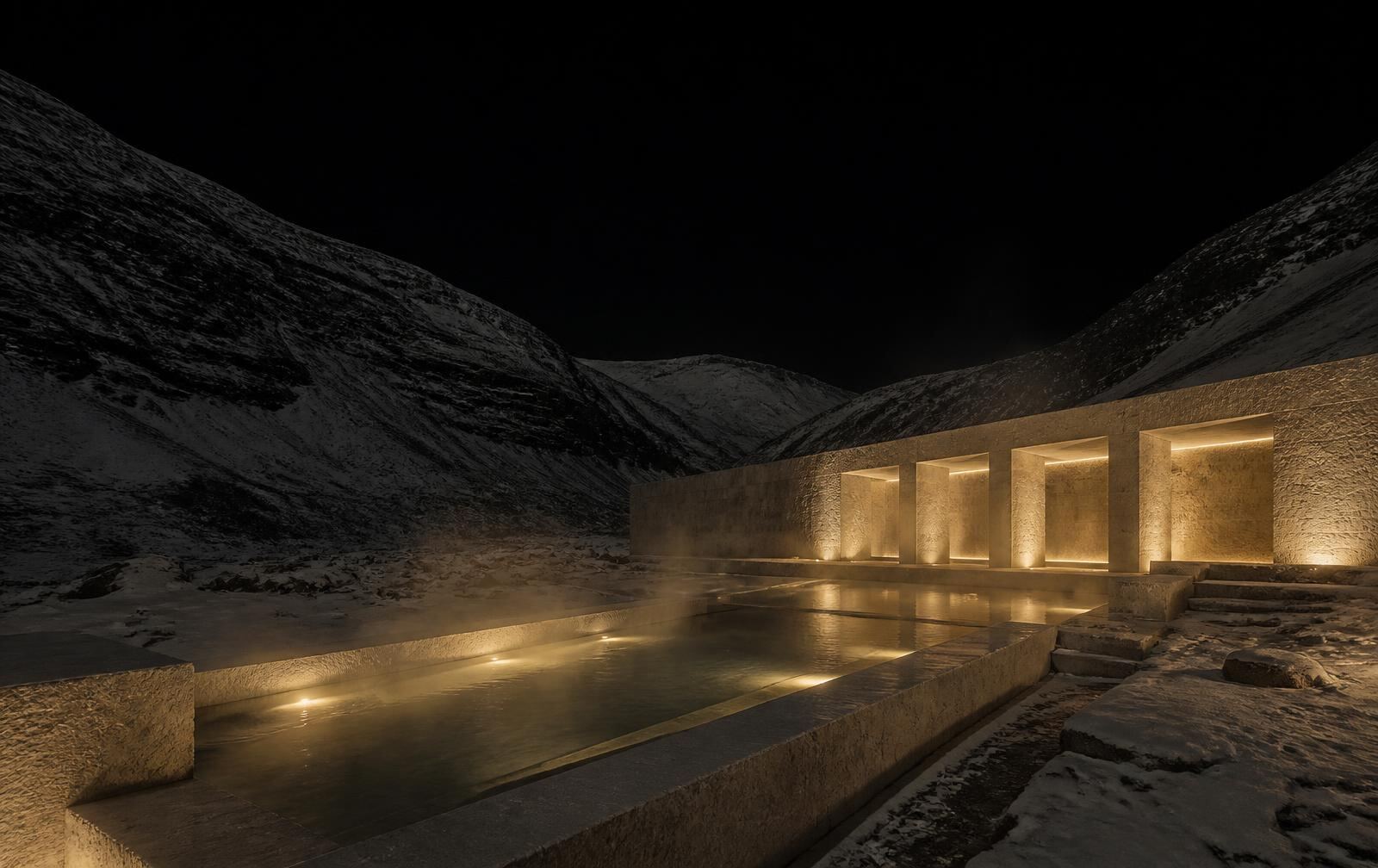 Minimalist stone thermal baths in a remote snowy mountain valley at night with warm gold light and rising steam