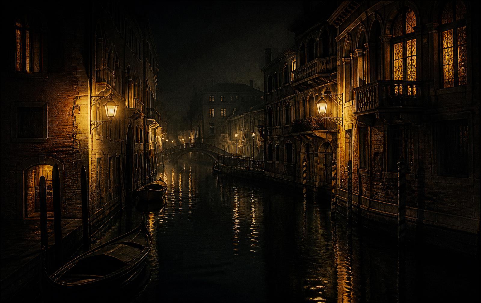 A narrow Venetian canal at night with lamplight reflected on dark water and glowing palazzo windows