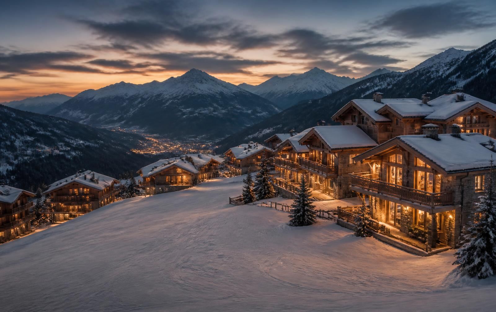 A lively alpine ski village at dusk on a broad snowy slope with gold light spilling from chalets