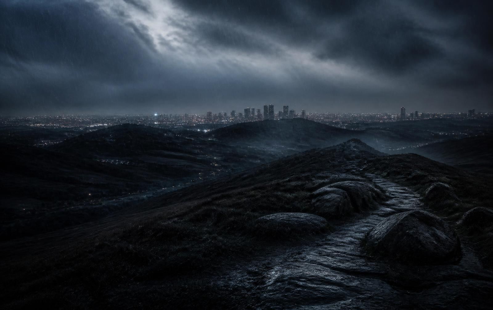 Rain over dark rolling countryside at night with a distant lit city skyline on the horizon