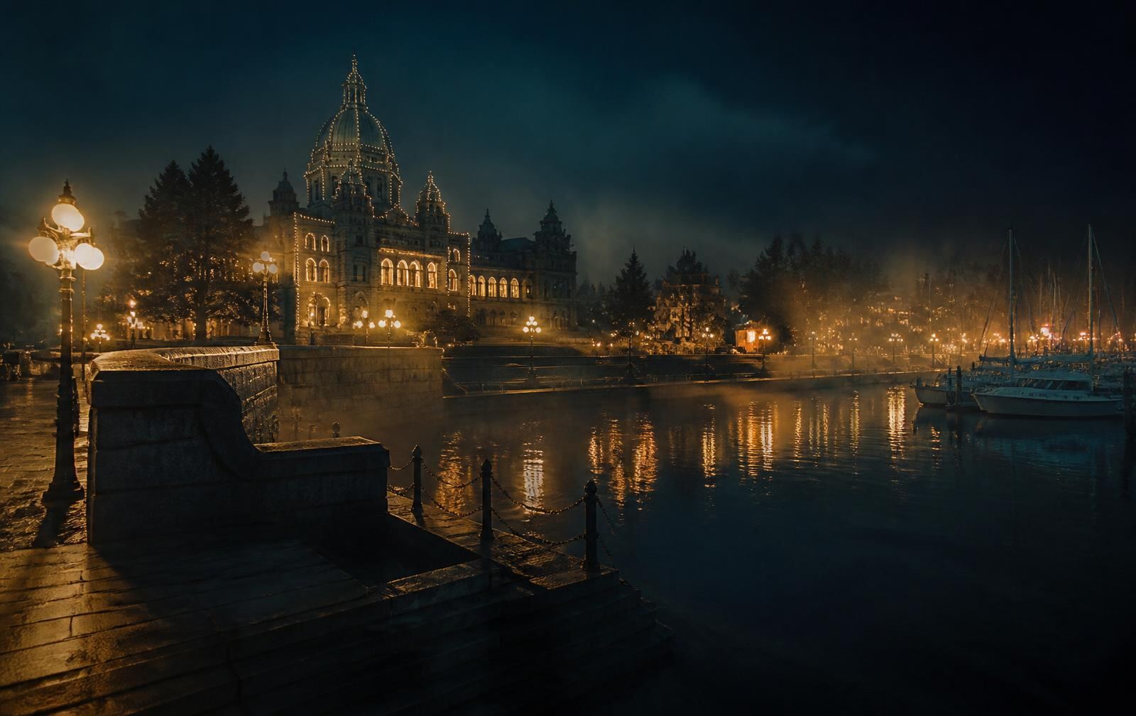 Victoria harbour at night with warm lights reflected on still water and old stone architecture in mist