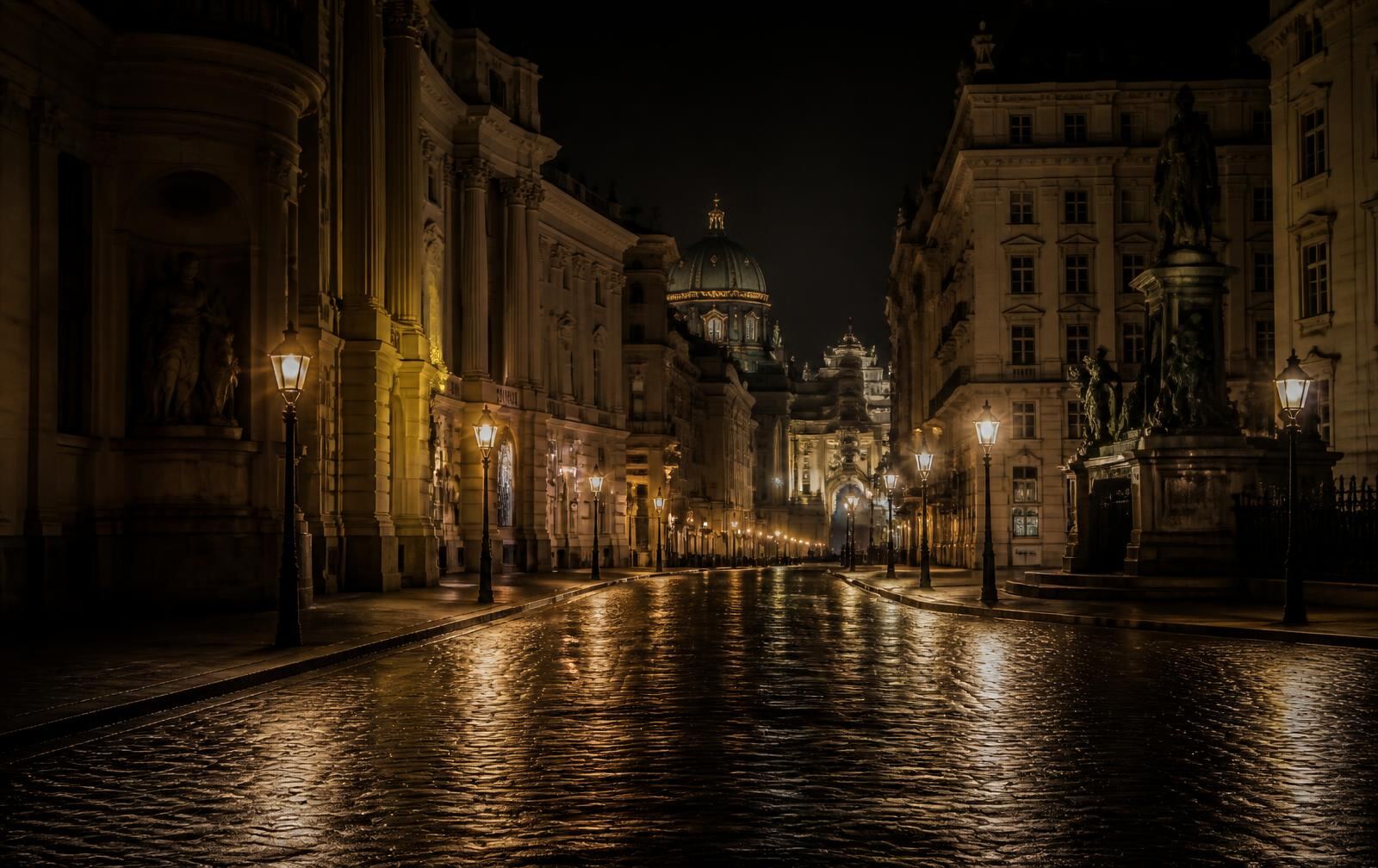 A Vienna boulevard at night with wet cobbles reflecting warm golden lamplight beneath imperial facades