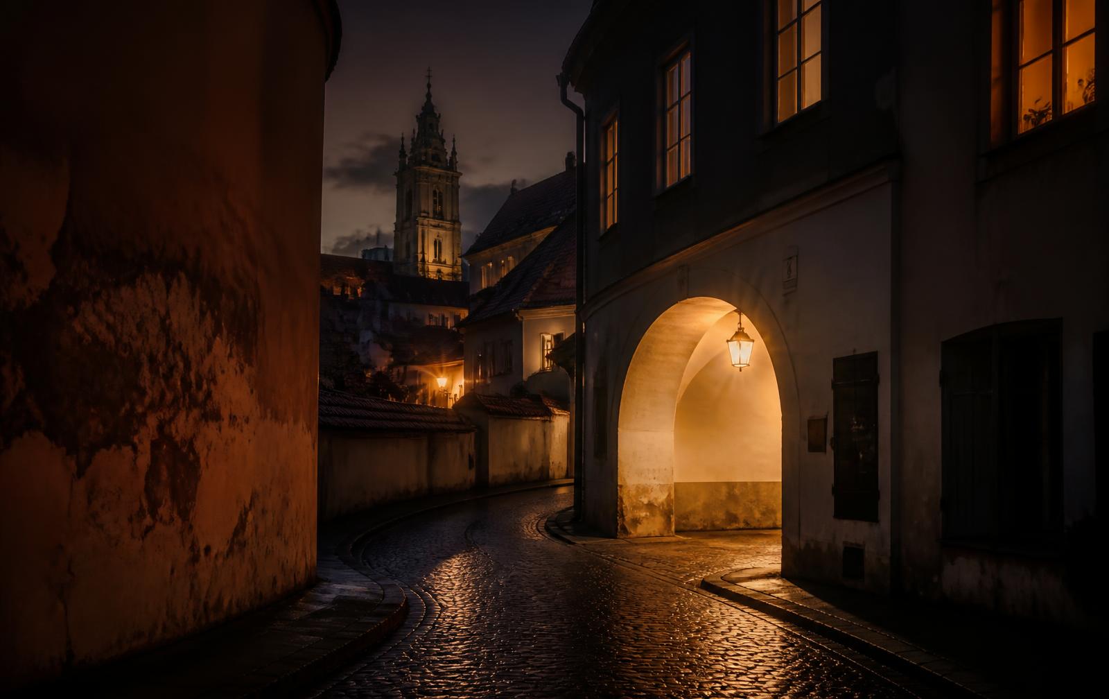 Vilnius old town lane at night, curved cobblestones wet with rain, a lit stone archway and warm windows above, a baroque tower in the distance