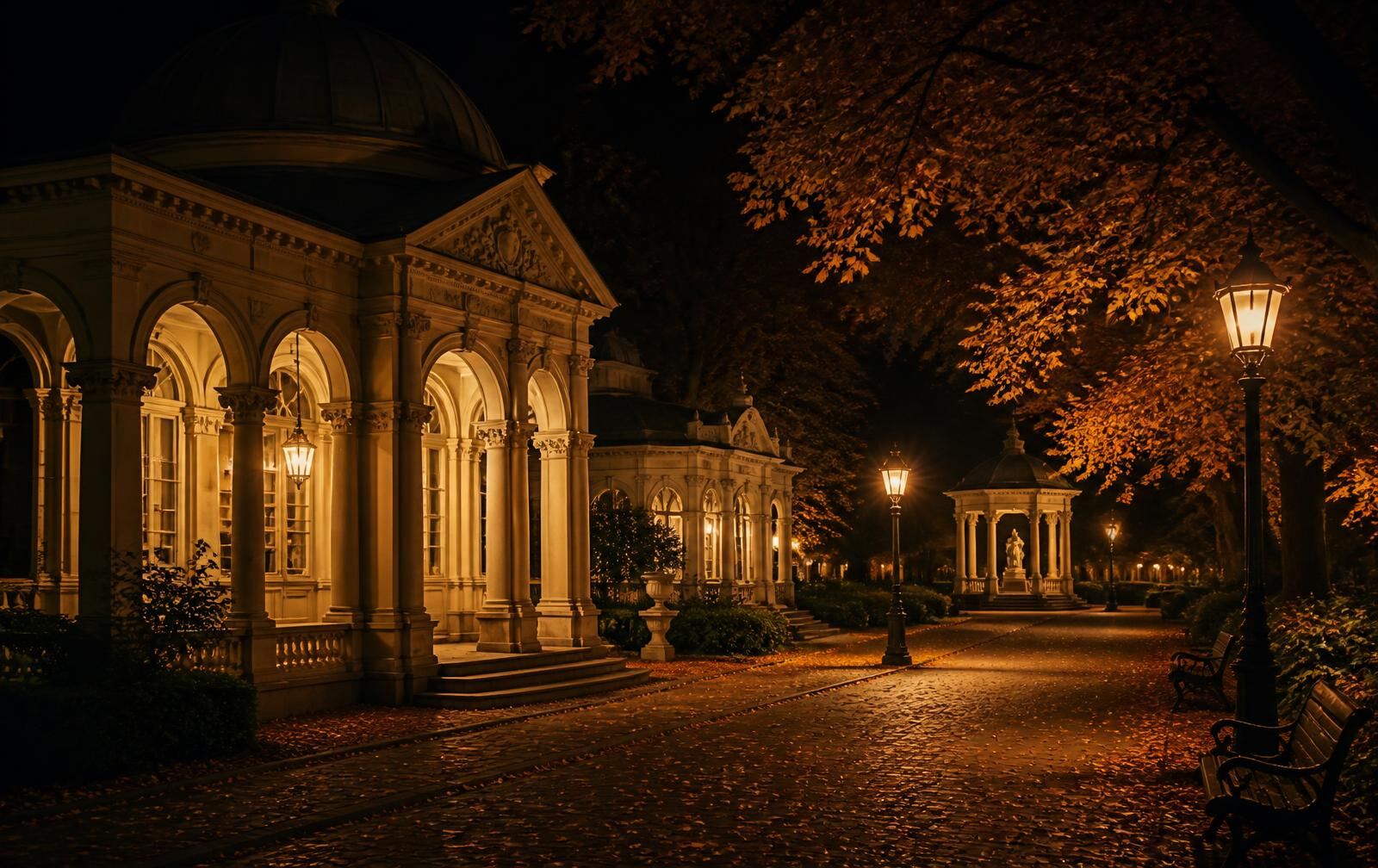 An elegant spa-town park at night with lantern-lit paths, classical pavilions and autumn trees in warm gold light