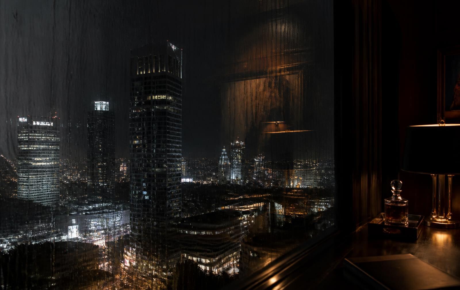 Warsaw at night from a high hotel window, lit glass towers and city lights beyond rain-streaked glass, a dark wood room reflected faintly in the pane
