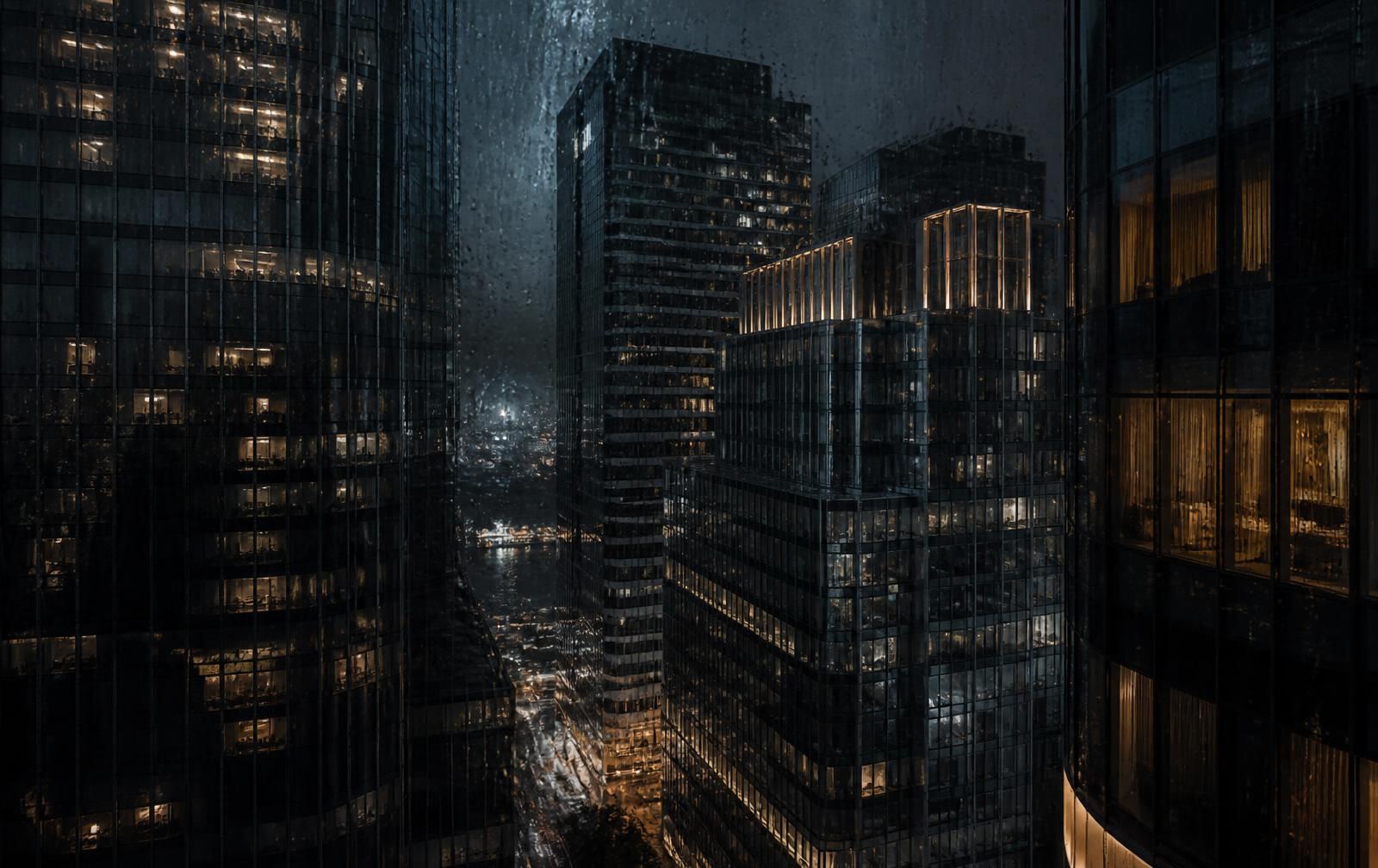 Tall dark glass towers at night seen through a rain-flecked high window, cool blue facades with scattered warm gold rooms