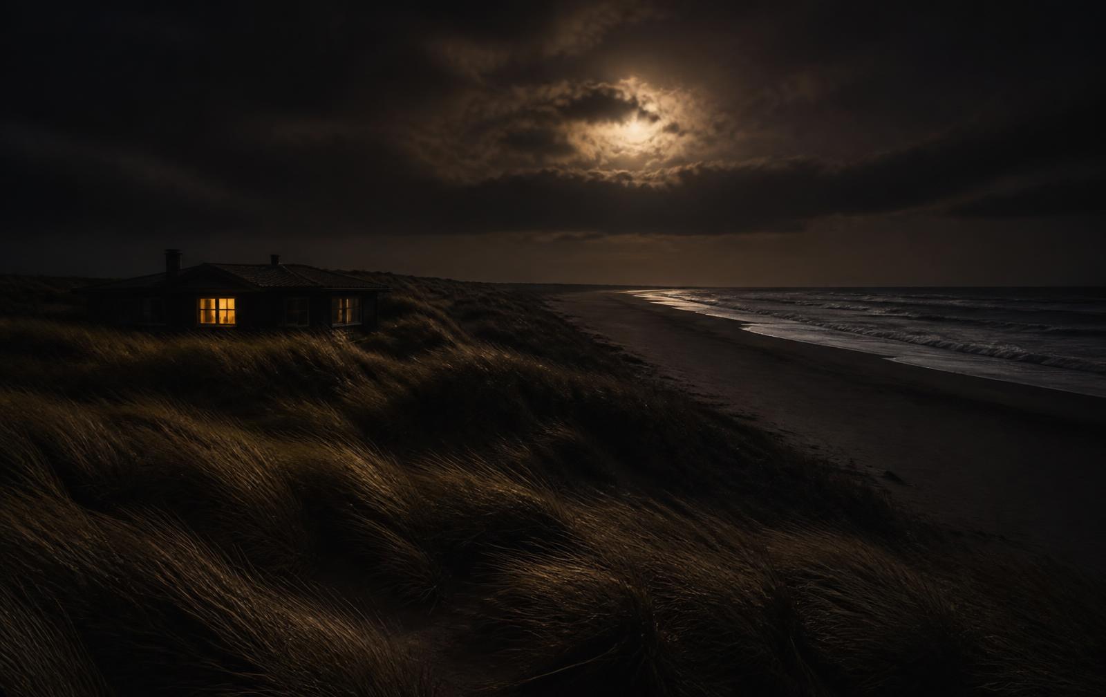 North Sea dune landscape at night with wind-bent marram grass, a dark empty beach and a single warm lit window in a low house among the dunes