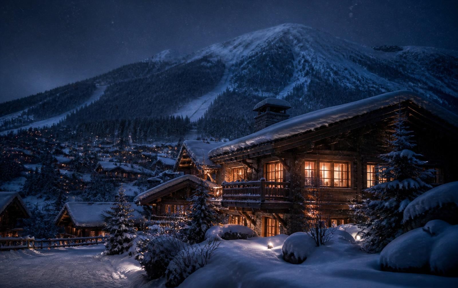 Snow-covered timber chalets in Whistler at night with firelit windows and a dark mountain behind
