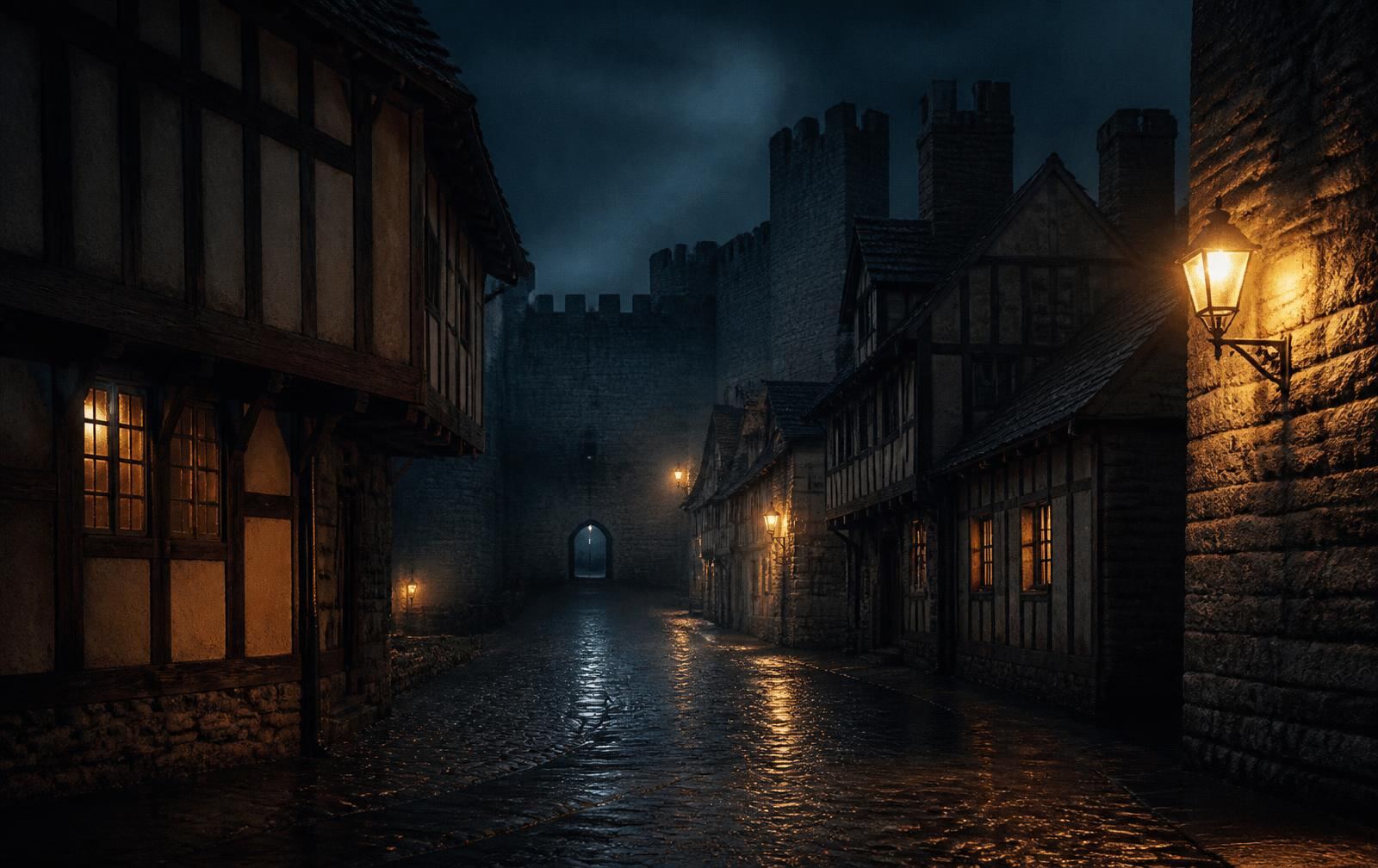 Medieval timbered York street at night with city walls, lantern light and fog