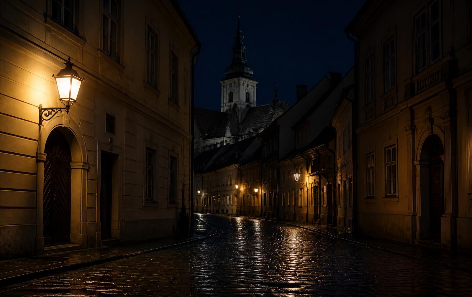 Zagreb's Upper Town at night — a gas-lit cobbled lane glistening after rain beneath a church spire