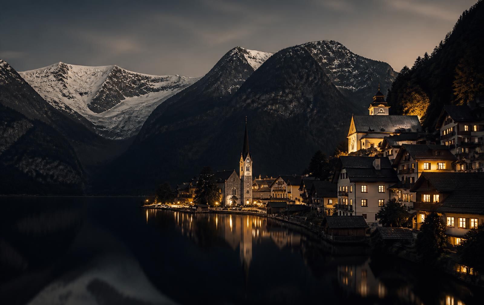 An Austrian lakeside town reflected in still dark water at twilight with a snow-covered peak behind