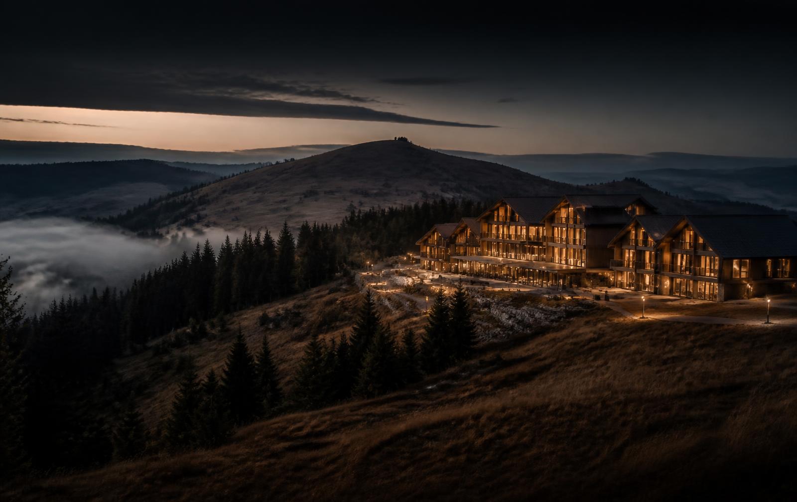 A rolling Serbian mountain plateau at dusk with a contemporary timber resort lit warm gold above misty valleys