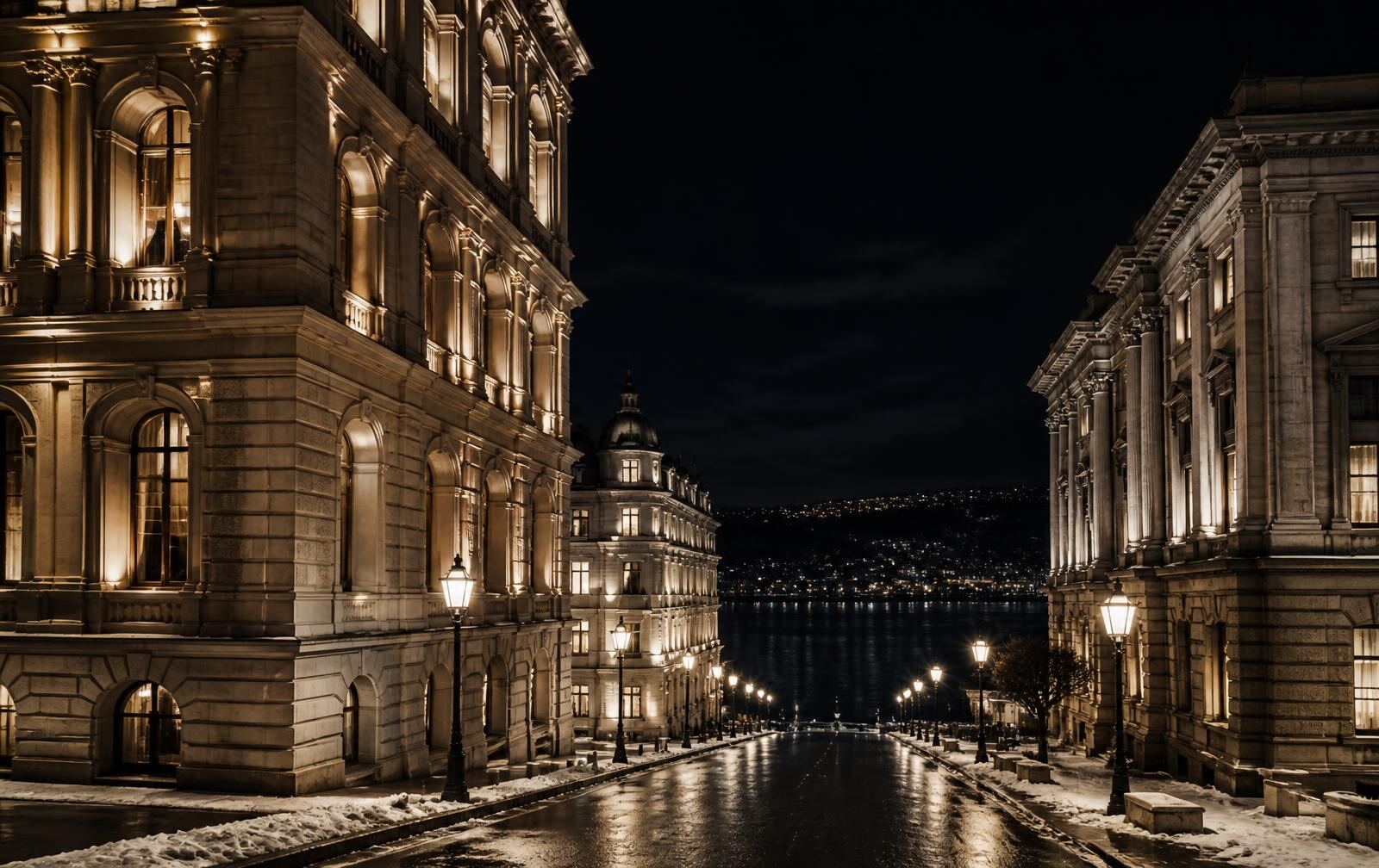 A Swiss financial city boulevard at night with gold-lit stone facades and a dark lake in the distance